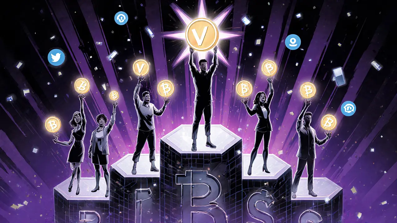 1500 people holding VDR tokens on a blockchain podium, one crowned in light.