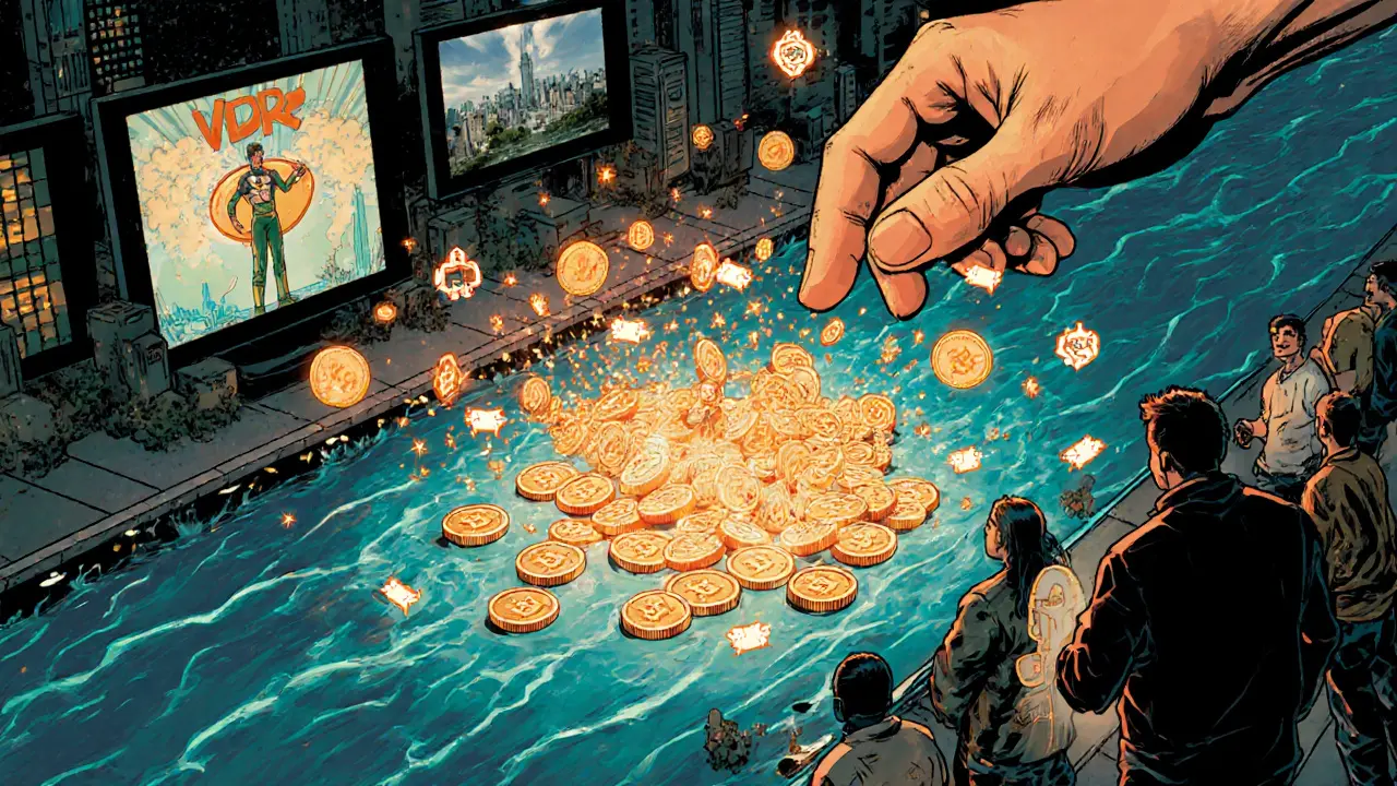 Solana blockchain river powering livestreamers with VDR tokens as energy cores.