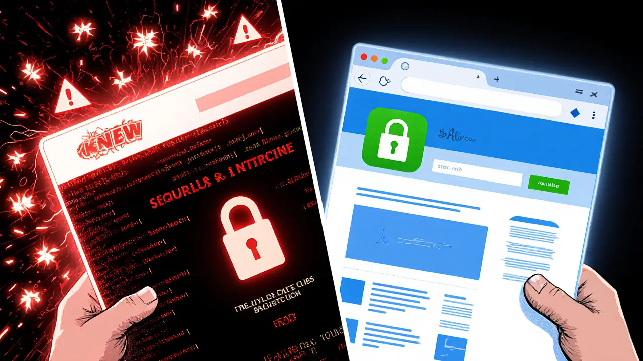 A comic split scene showing a fake Bull BTC Club website with warning icons beside the real site displaying a secure lock.