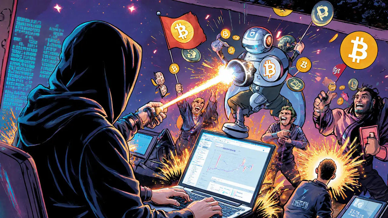 A developer launching a DeFi bot that shoots NFT positions into a yield optimizer, with liquidity providers cheering in the background.