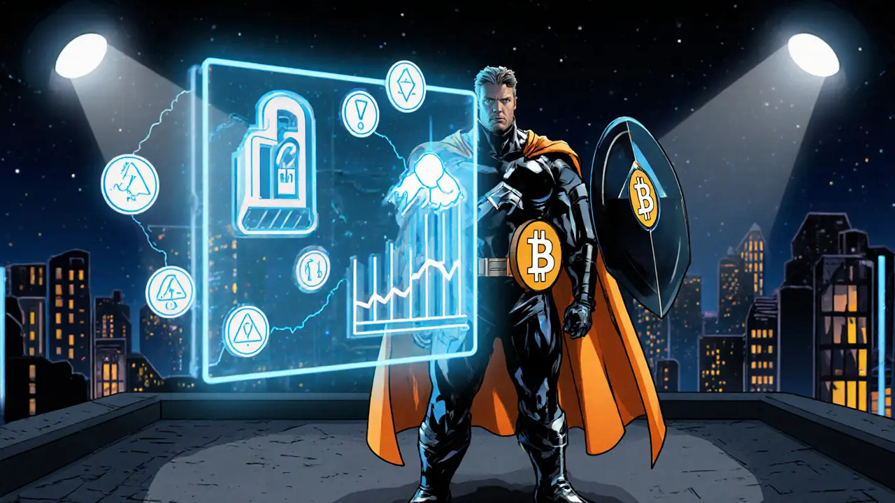 A hero with a shield and lock stands beside a split chart comparing Bull BTC Club and BTC Bull Token, showing risk warnings.