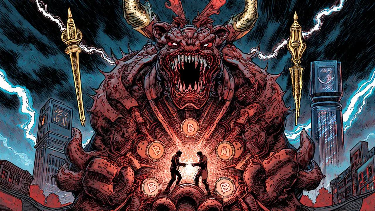 A massive smart contract beast gripping two traders, with NFT tokens glowing at its core and Chainlink oracles above.