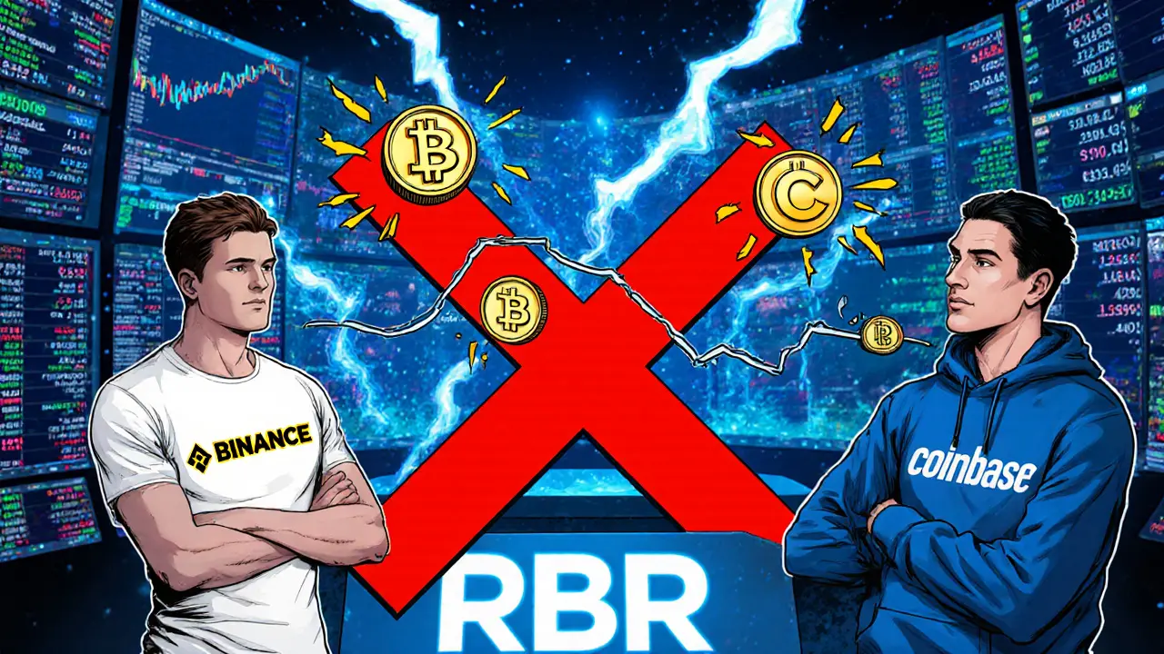 Chaotic comic panel of traders blocked by X signs, showing fragmented RBR price numbers.