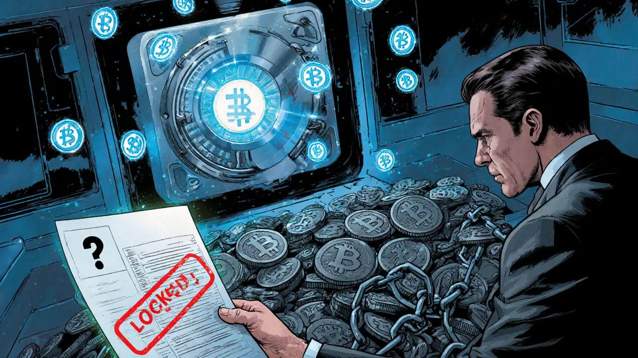 Comic panel showing a vault with USDT locked and a pile of locked test tokens.