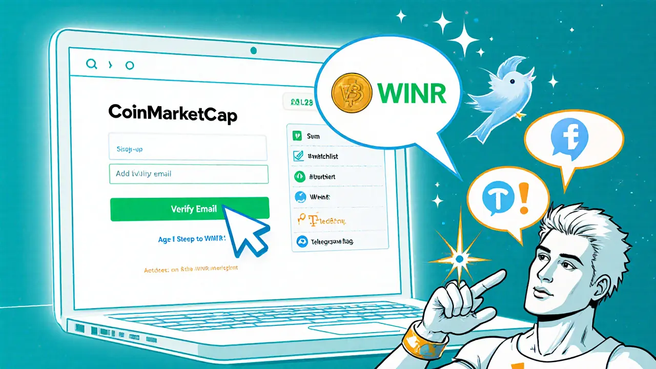 Comic panels show a user signing up, adding WINR to watchlist, and completing social tasks.