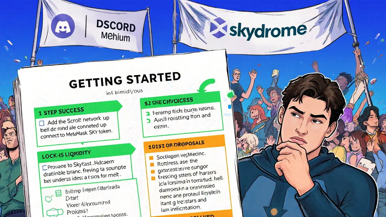 Comic‑style checklist panels showing steps to use Skydrome with wallet and voting.
