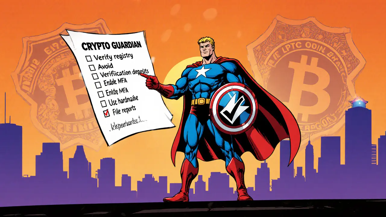 Crypto Guardian hero presenting a safety checklist against a sunset sky.