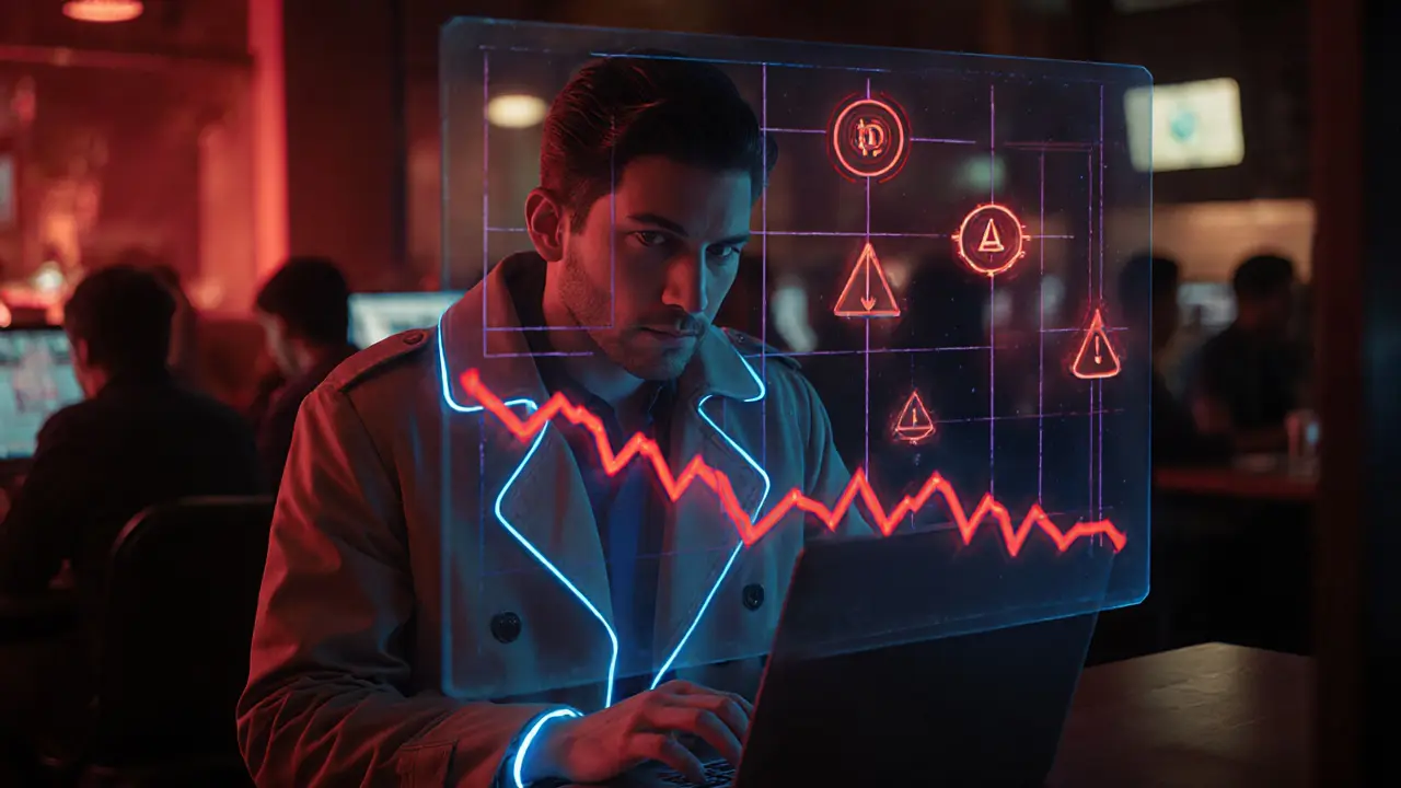 Crypto trader watches a holographic chart showing a sharp decline of the ALLIN token.