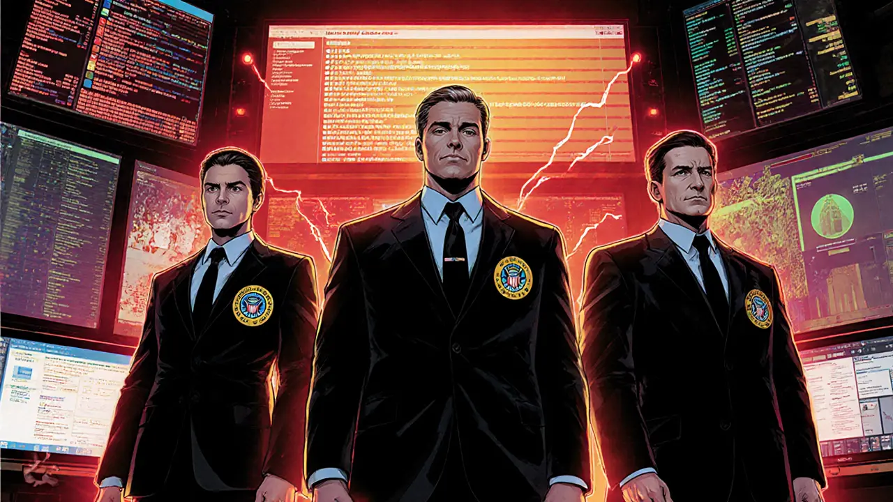 Federal agents confront deep‑fake detection screens in a hub.