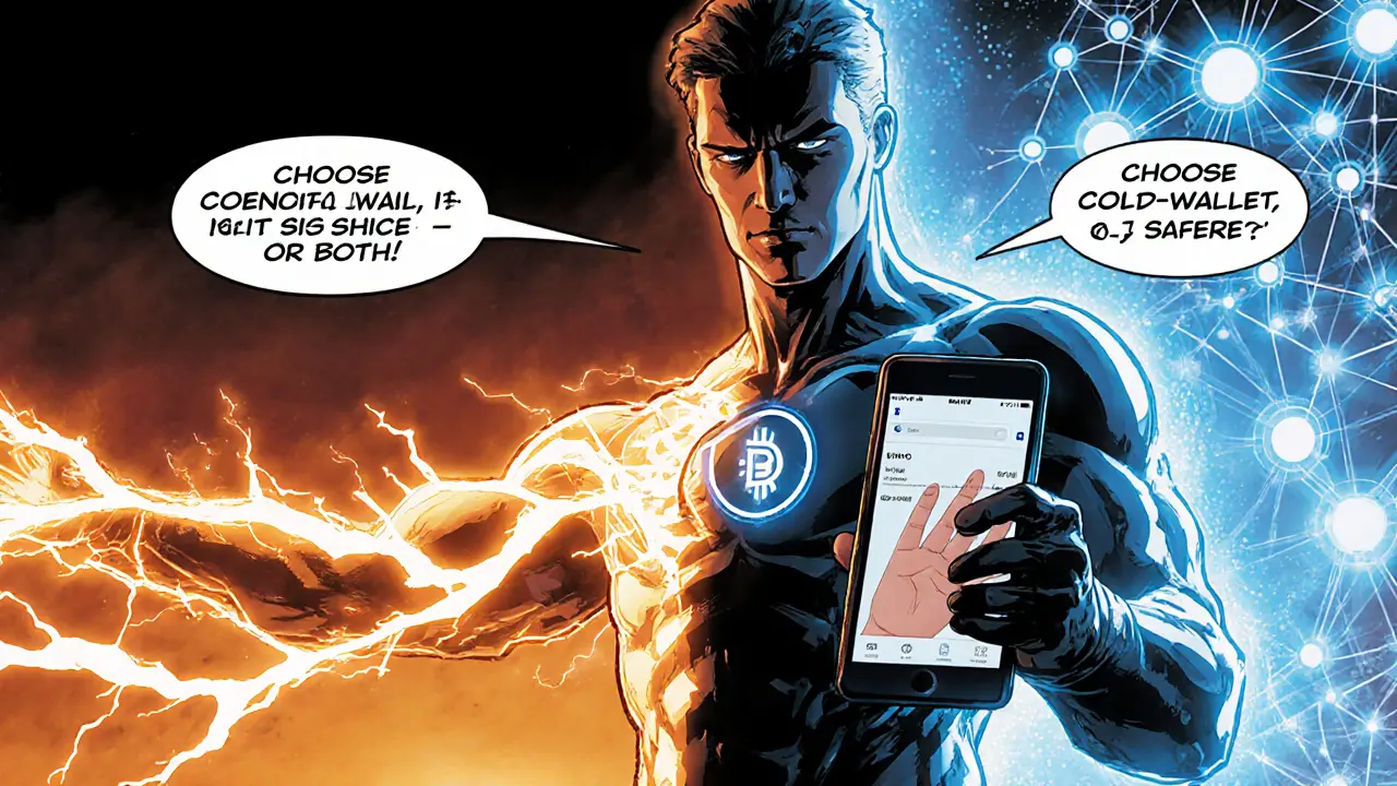 Future superhero with a hybrid wallet device combining fast smartphone and secure hardware features.