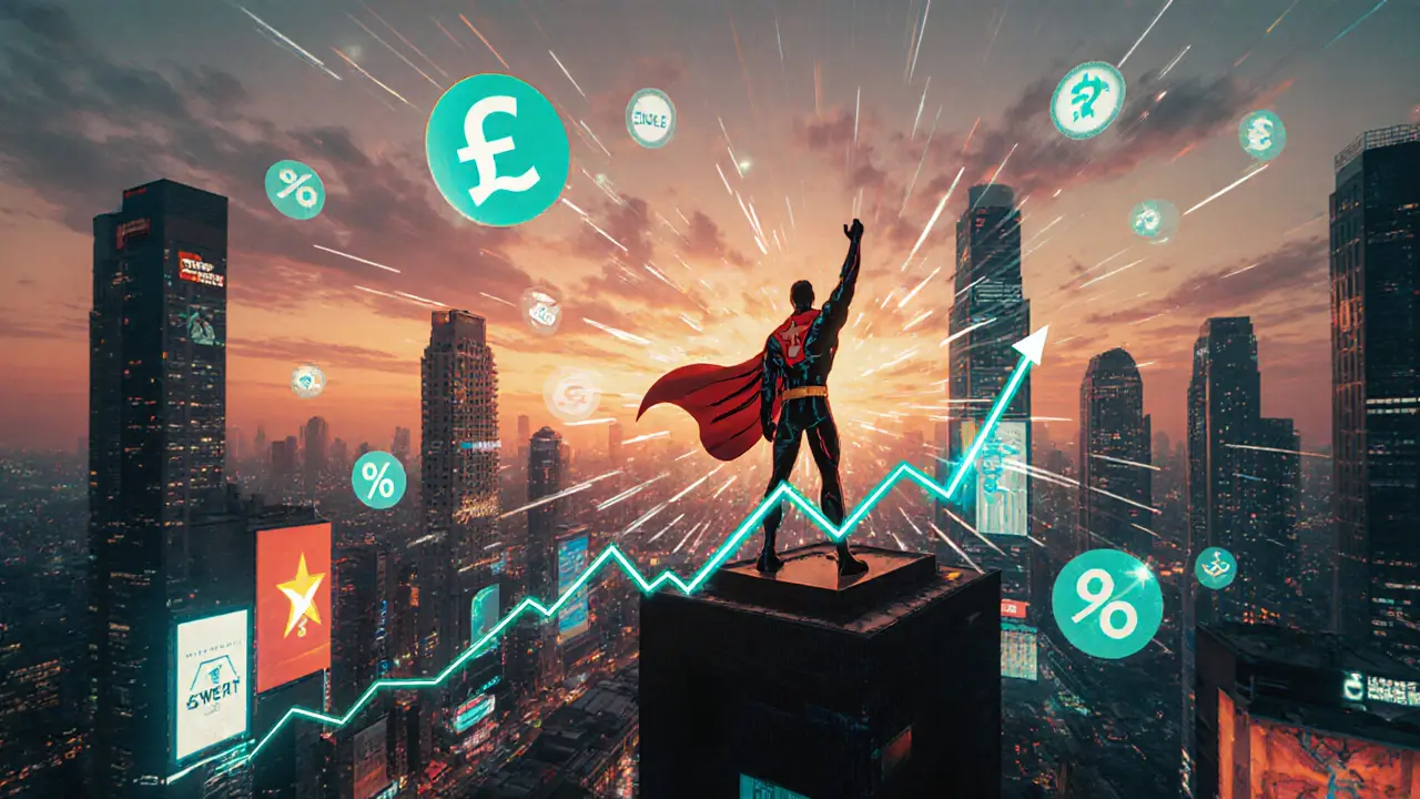 Futuristic Ho Chi Minh City skyline with superhero figure and floating market icons.