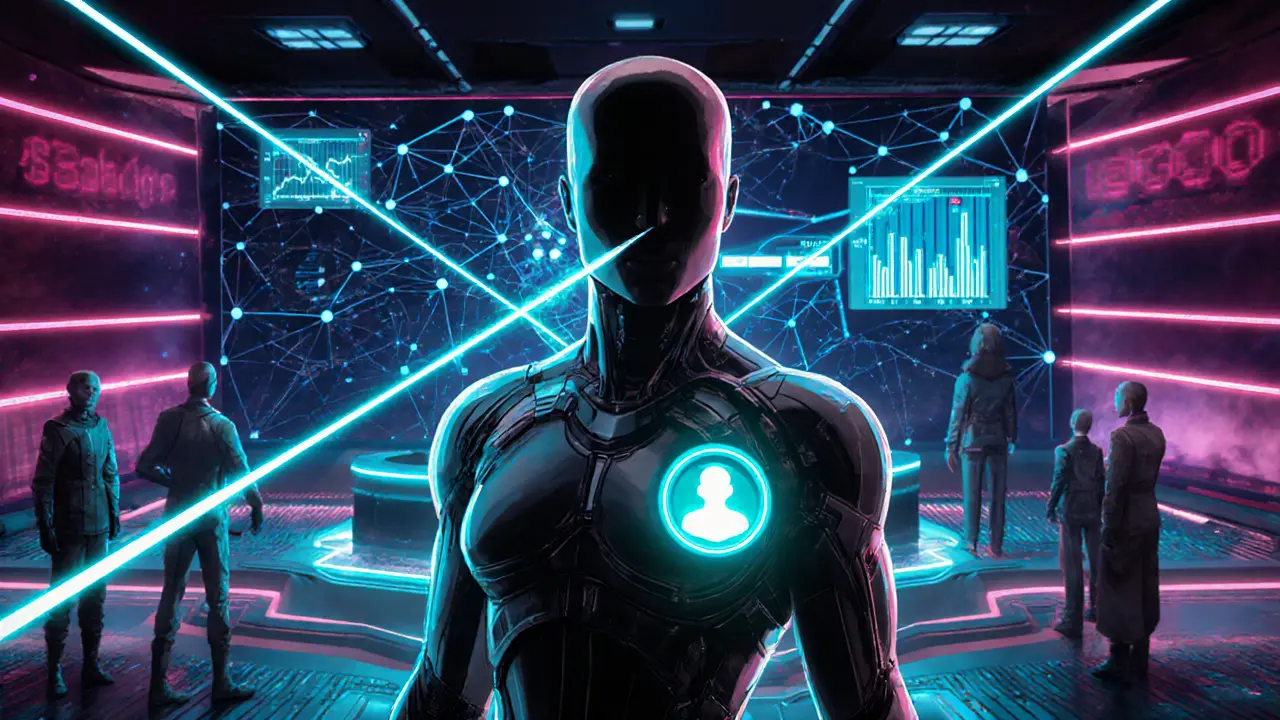 Futuristic scene of adaptive slashing, AI monitoring, and cross‑chain penalties.