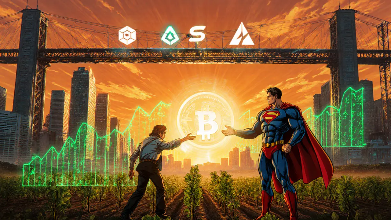 Futuristic scene of institutions, blockchain bridges, and a superhero delivering carbon tokens for climate impact.
