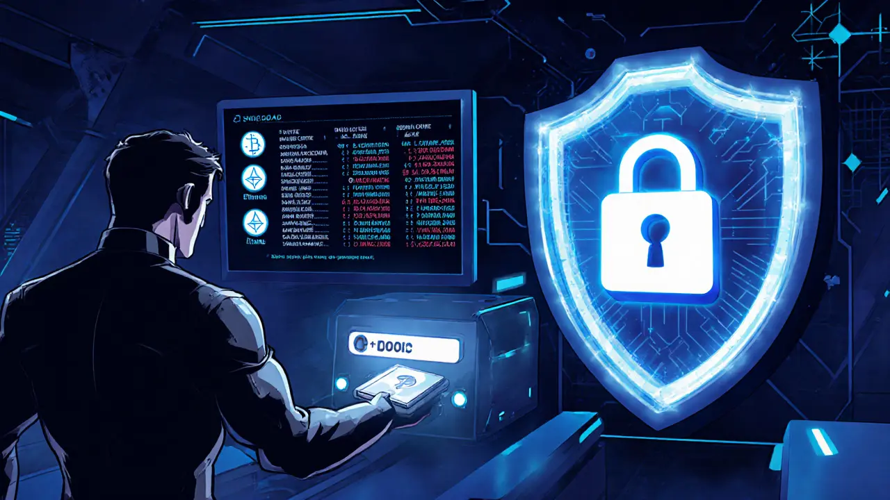 Hero activating 2FA shield over crypto order book, with locked API key icons.