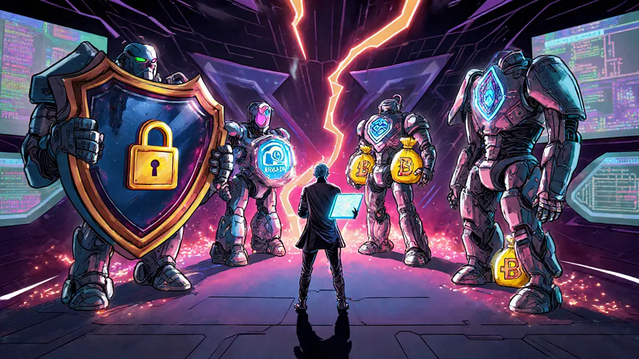 Hero evaluates four armored robots representing OP Stack, Arbitrum Orbit, ZKsync, and Polygon CDK.