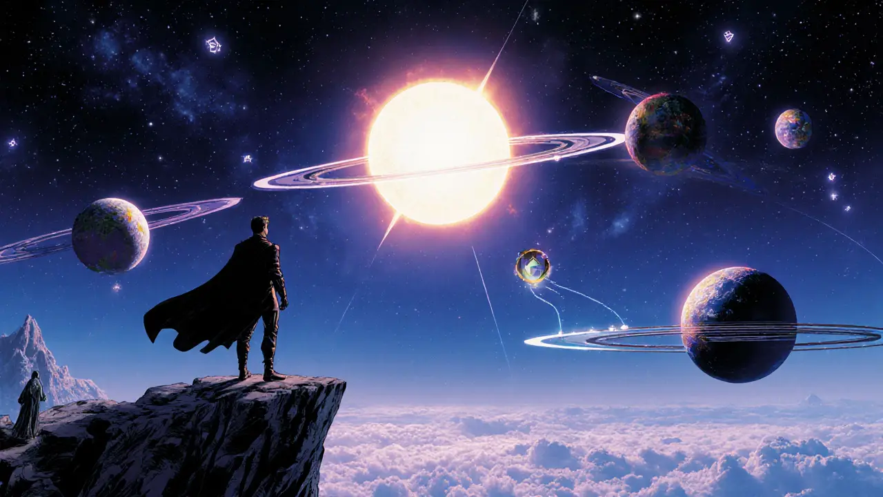 Hero watches rollup planets orbiting an Ethereum sun with light bridges and a Taiko sentinel.