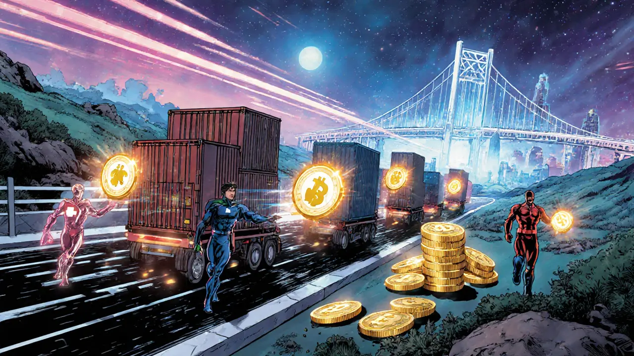 Heroes escort cargo and data across a high‑tech supply chain, linking to a public blockchain.