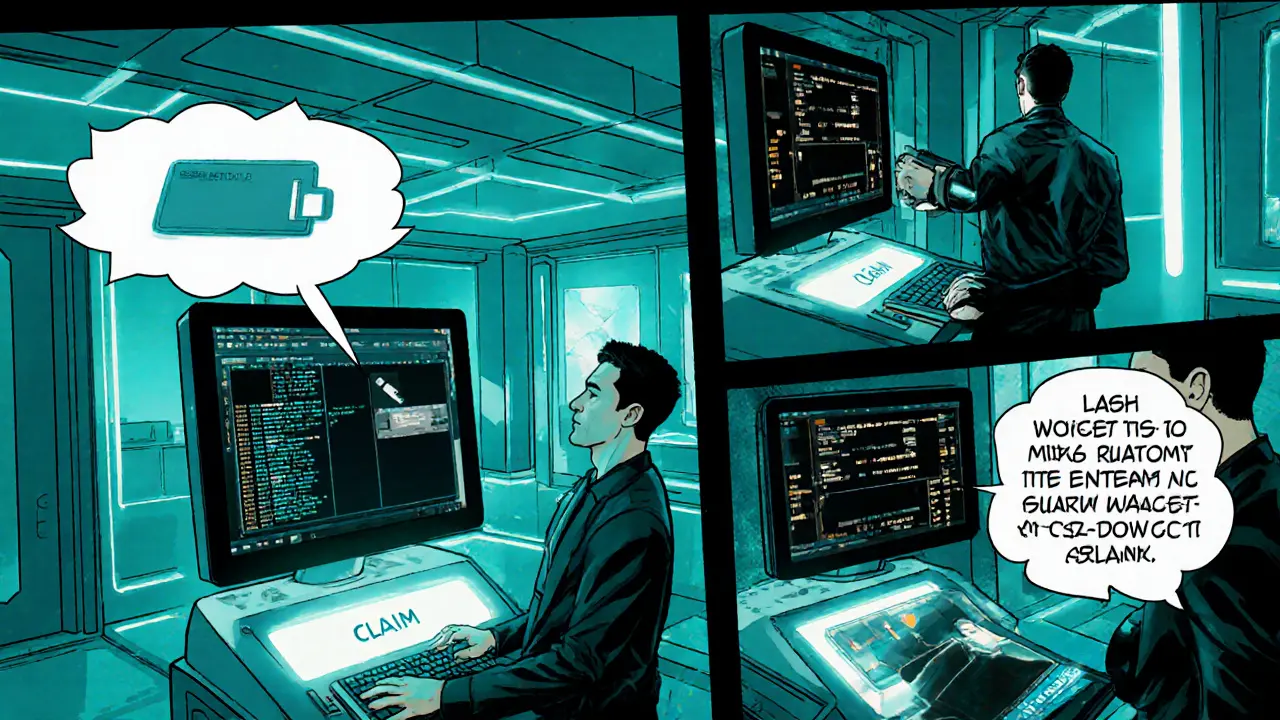 Heroic figure connects a hardware wallet, completes KYC, and clicks claim in a futuristic office.