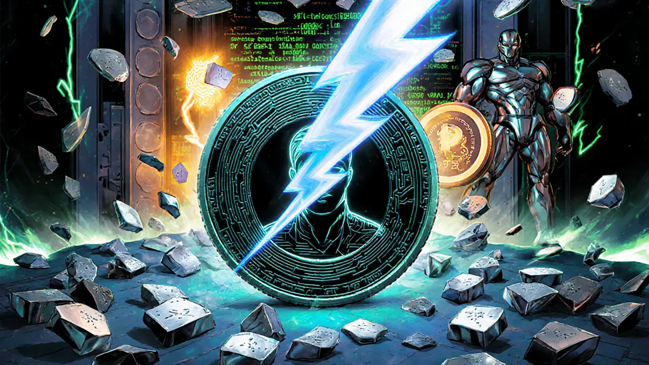 Intelligent NFT token glowing with AI circuitry, surrounded by fractional tokens and a DeFi superhero.