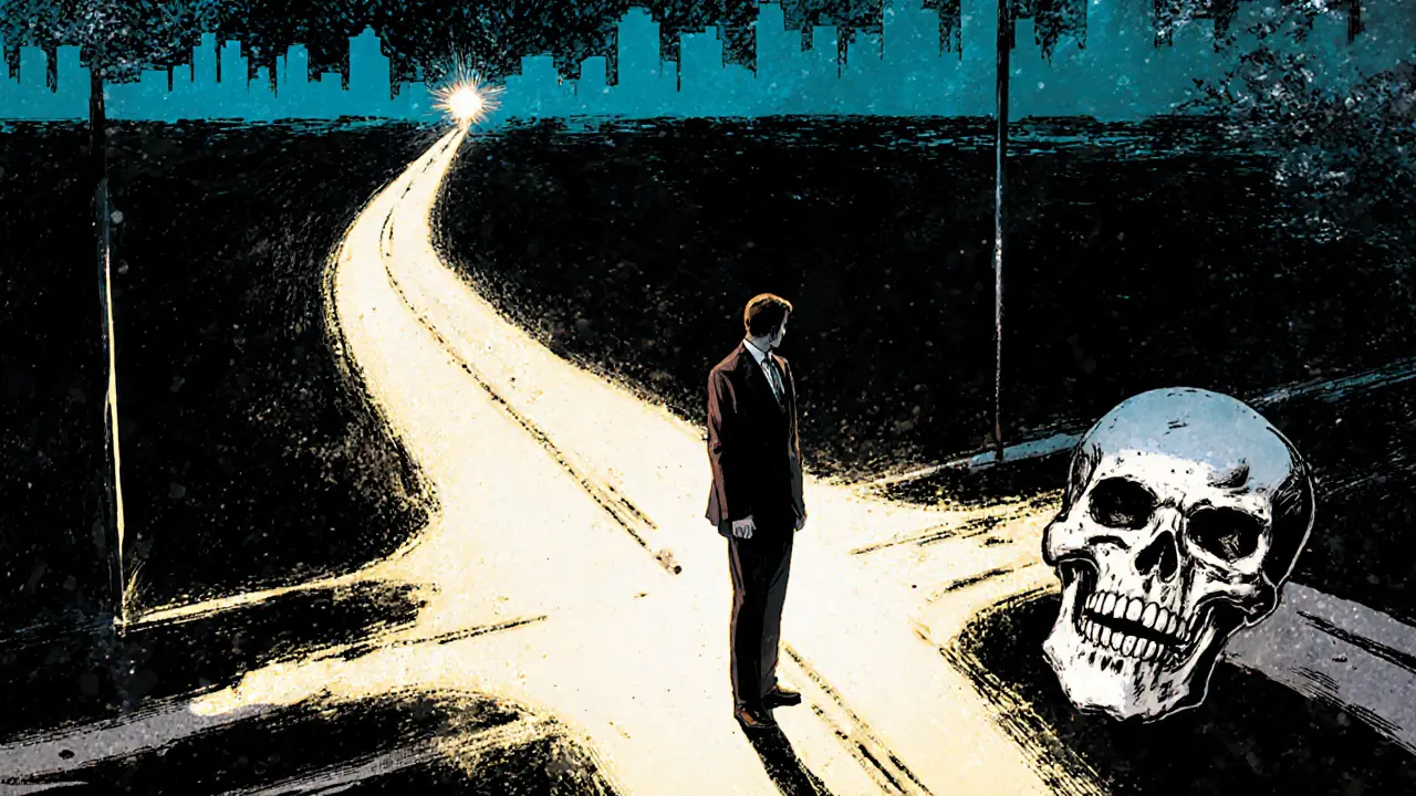 Investor hesitating at risky crossroad in comic style