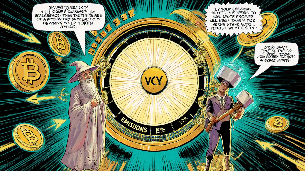 Locked SKY token crystal and LP‑token hammer characters around a voting wheel.