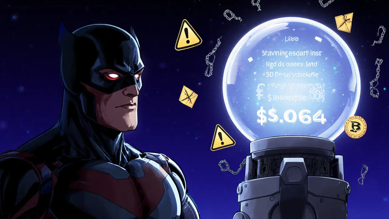 Masked investor hero with robot arm holding a crystal ball displaying RBR price forecasts.