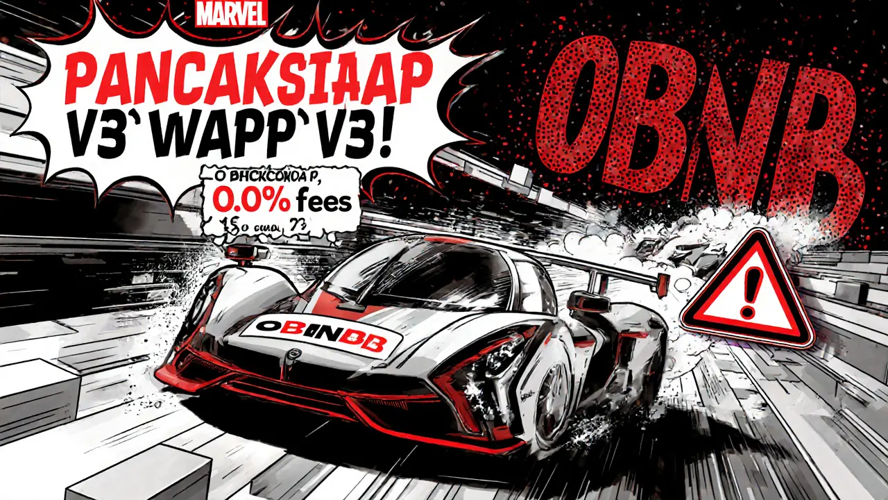 Race car labeled PancakeSwap V3 speeding on a blockchain track, outpacing other DEXs.