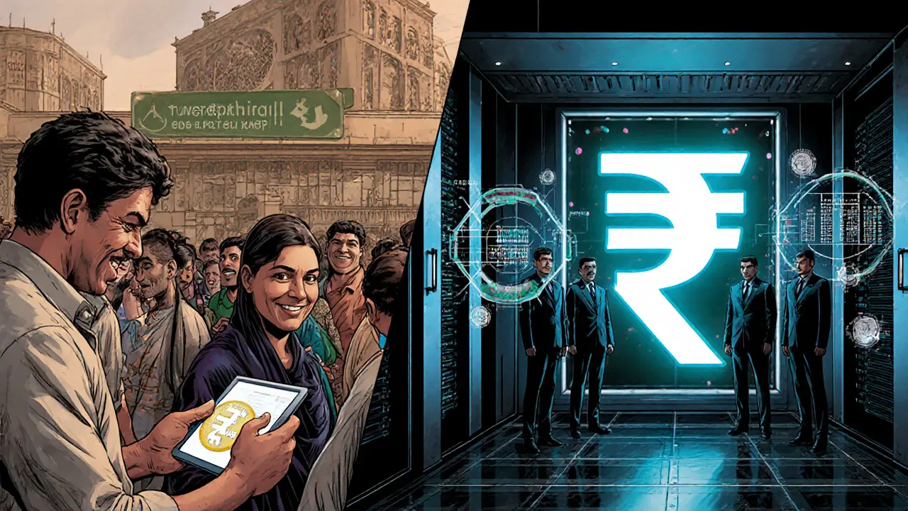 Remittance center with crypto transfers on one side, Digital PKR server room on the other.