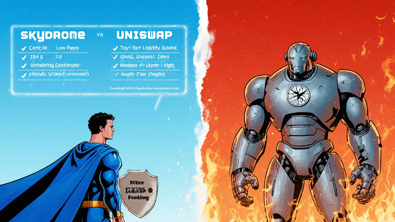 Skydrome hero in blue cape faces a red Uniswap robot, highlighting fees and liquidity differences.