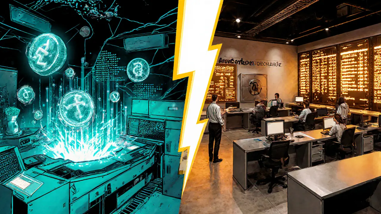 Split comic panel contrasting Toucan&#039;s DIY DeFi lab with AirCarbon&#039;s corporate trading floor.