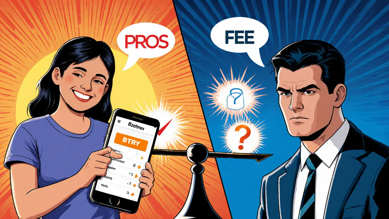 Split comic panel showing a happy beginner using the Bzetmex app and a trader facing limited features.