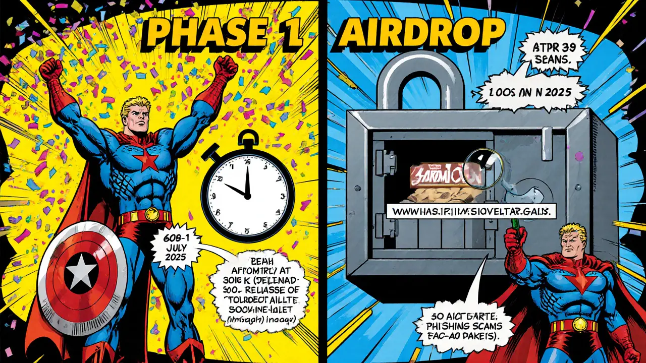 Split panel shows Phase 1 token drop, Phase 2 lock‑up release, and heroes warning against scams.