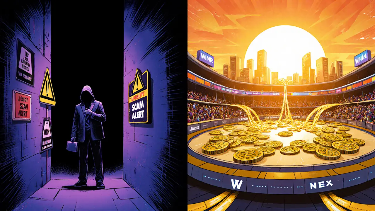 Split scene shows risks like low liquidity and a hopeful future with JustBet gaining liquidity.