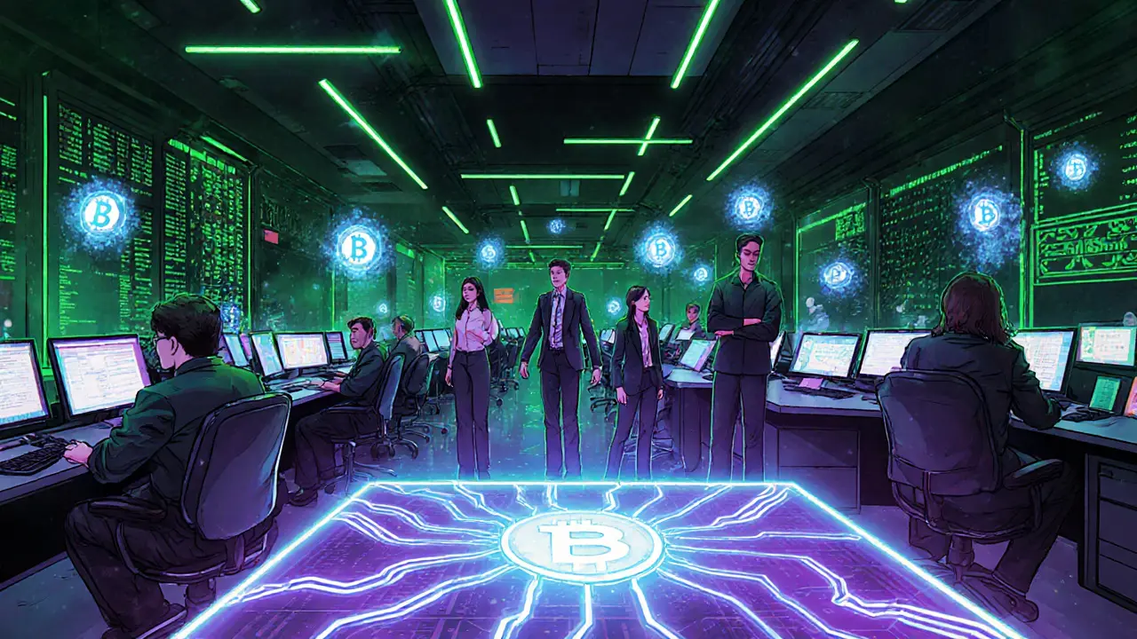 Team of engineers works with holographic blockchain visuals at a Saigon exchange.