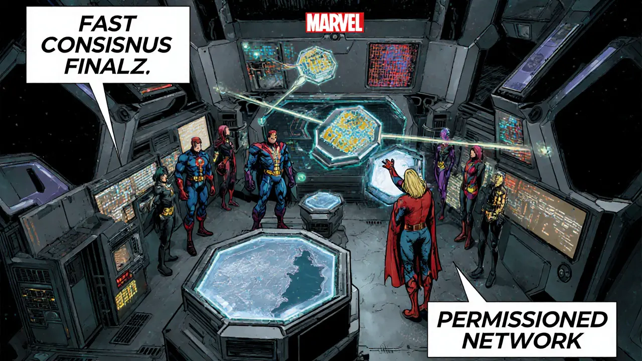 Tech heroes operate a fast PBFT consensus in a futuristic command center with glowing nodes.