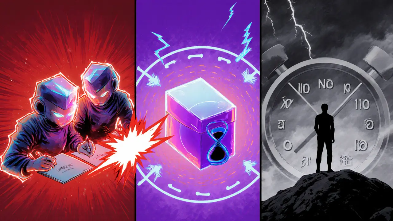 Three comic panels showing double signing, surround voting, and downtime.