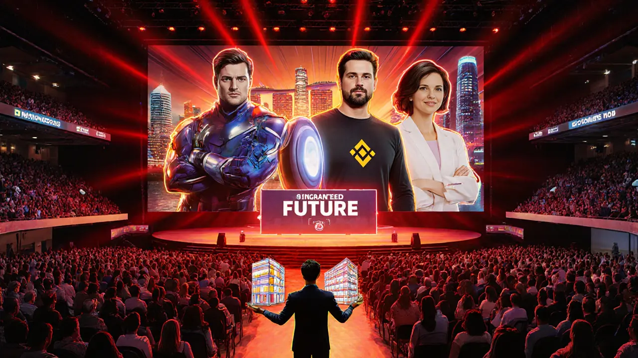 TOKEN2049 conference hall bustling with holographic speakers and attendees.