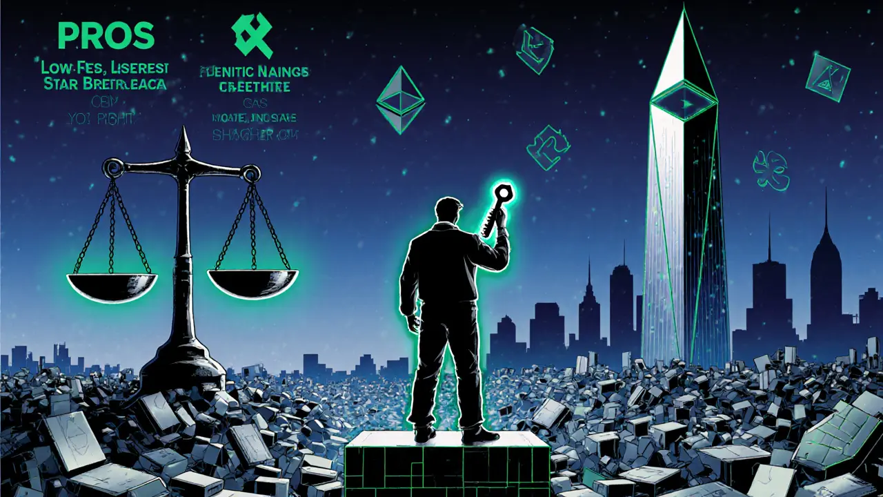 Trader balances pros and cons of DDEX on a blockchain city backdrop, holding a private‑key.
