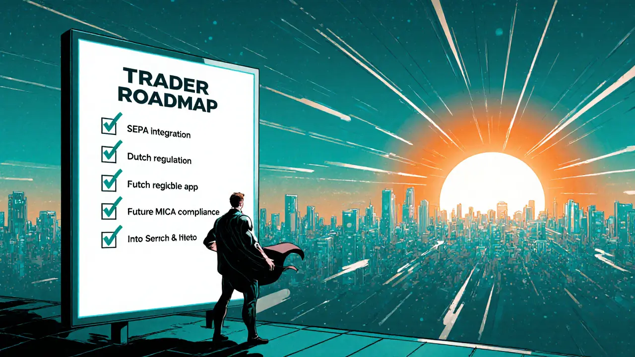 Trader checking a digital checklist of BL3P features, futuristic city skyline behind.