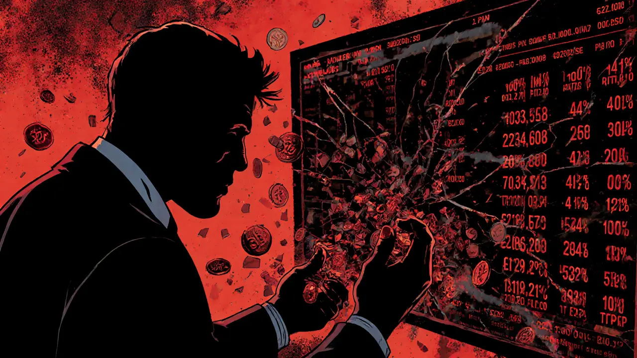 Trader facing crashing market display in gritty comic style