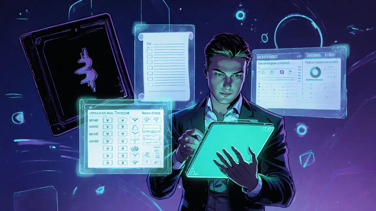 Trader reviewing a holographic checklist with a hardware wallet and portfolio tracker.