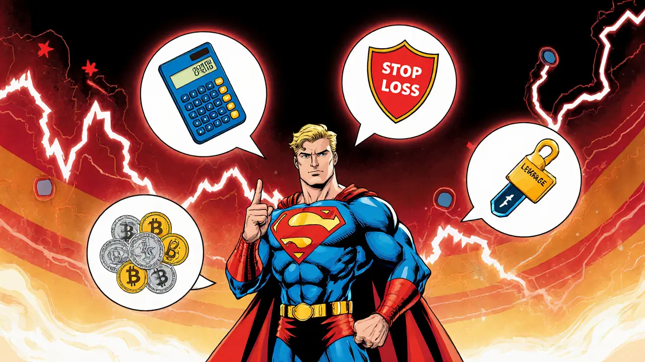 Trader showcasing risk‑management tools like calculators and stop‑loss shields.