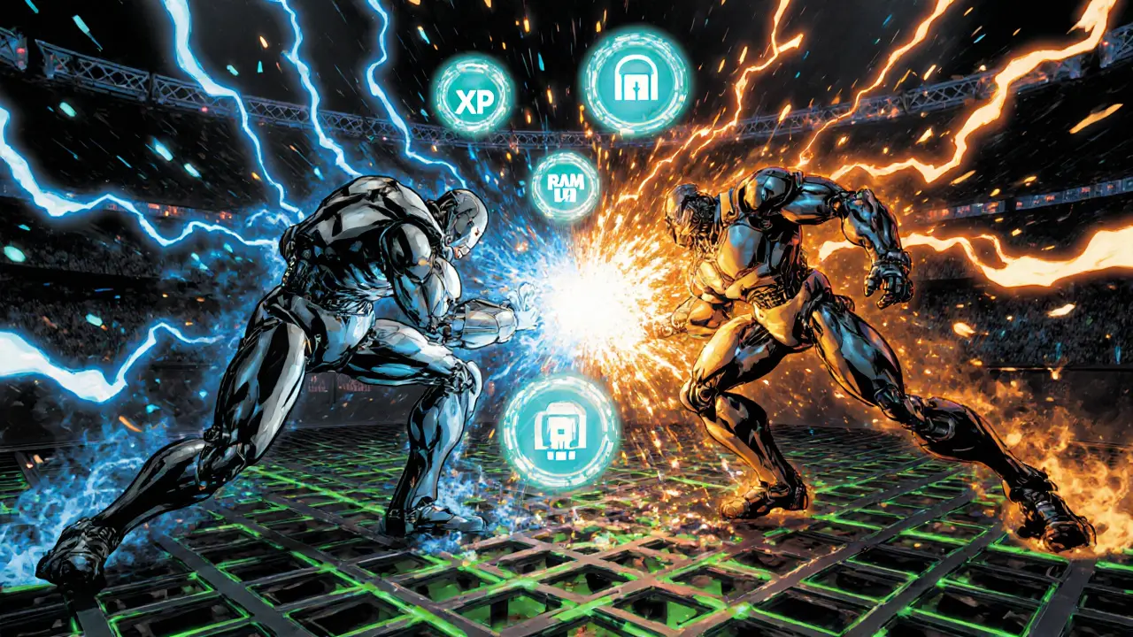 Two sleek ALLBOTS clash in a neon arena over floating XP, RAM, and Supremacy icons.