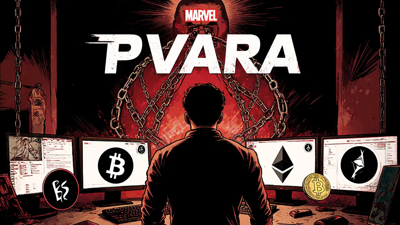 Young developer surrounded by failed crypto apps as PVARA&#039;s control looms over them.