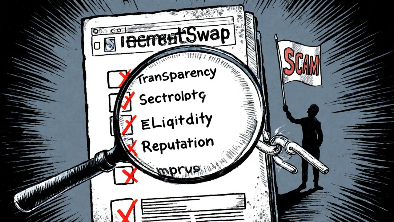 A checklist with red Xs over key exchange traits, magnifying glass revealing a flickering scam website.