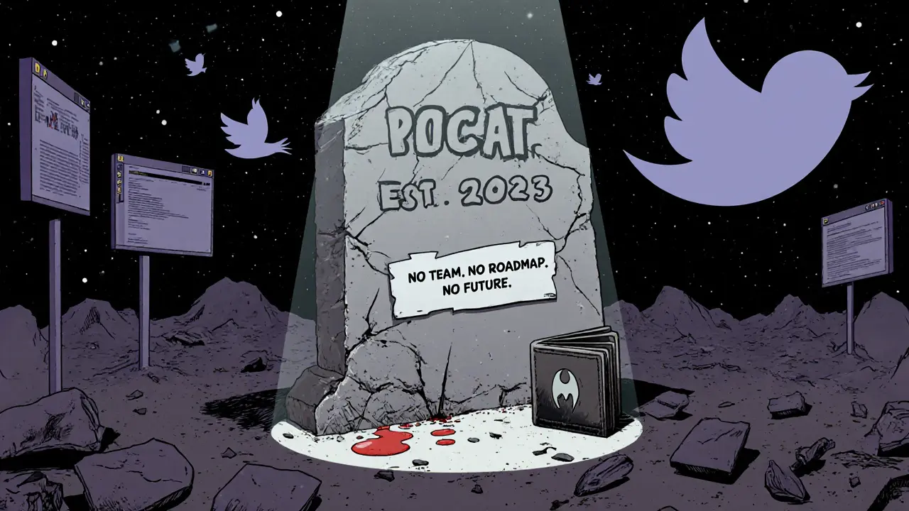 A cracked tombstone for POCAT is surrounded by silent social media windows and a floating wallet.