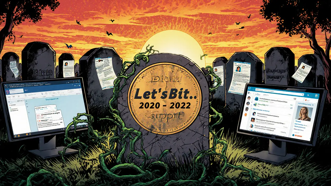 A crypto tombstone marks Let&#039;sBit&#039;s end, surrounded by dead devices as other exchanges glow in the distance.