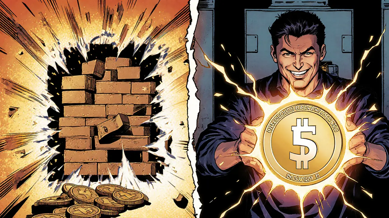 A fragile stETH vault cracking under attack versus a strong osETH vault protected by overcollateralization and a SWISE token bond.