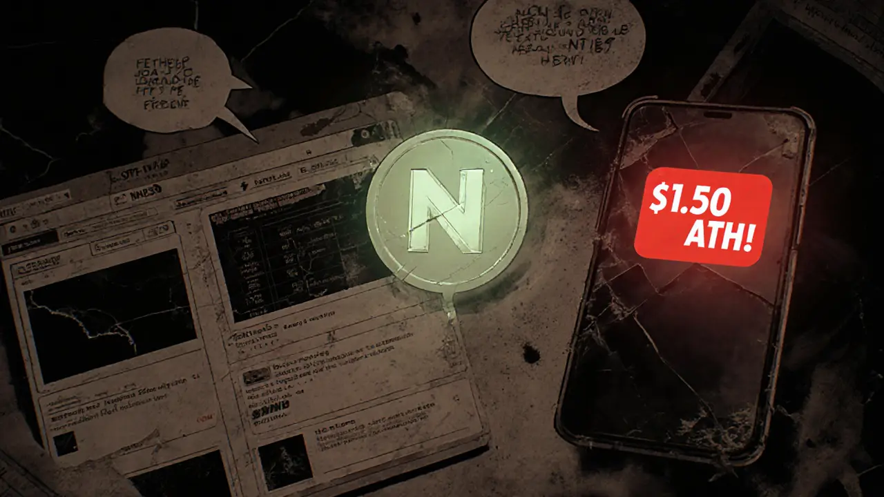 A ghostly NPTX token drifts through an abandoned crypto forum filled with fake price alerts and faded screenshots.