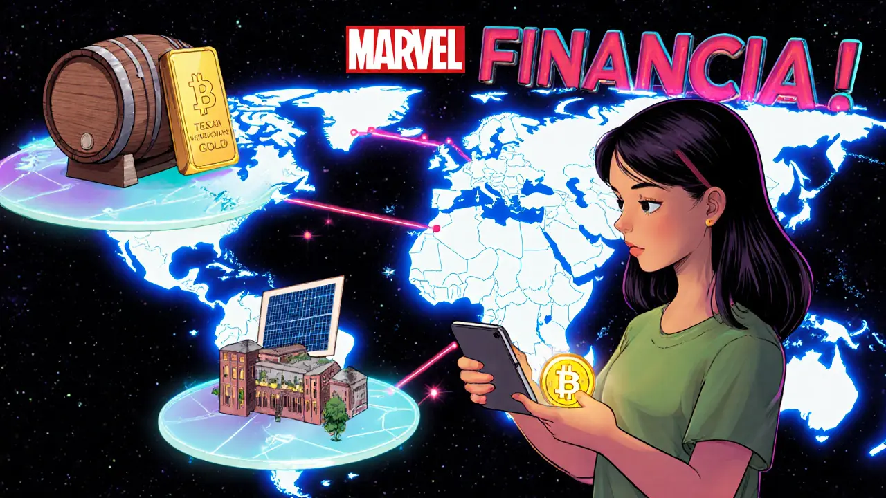 A global map links assets like wine, gold, and solar panels to a young investor holding a tokenized share.